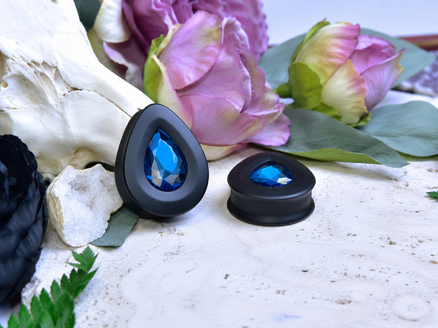 biżuteria różna Tunele do uszu łezki 10-100mm ze szklanym kryształkiem #021 Blue Zircon