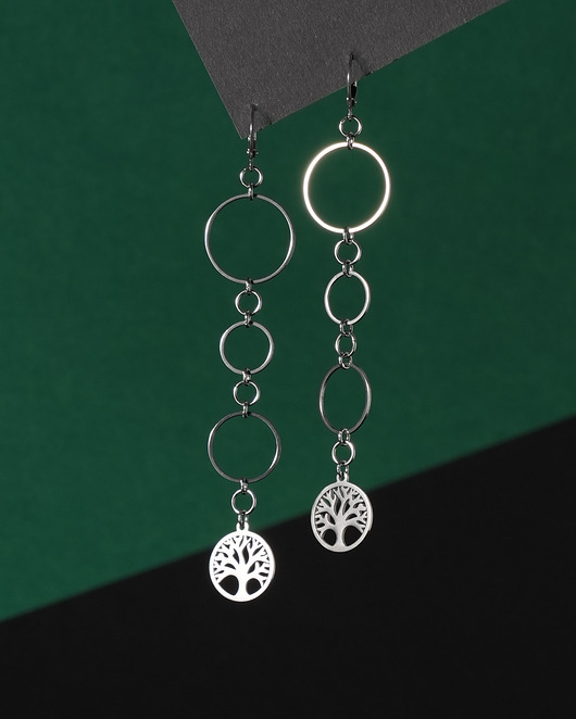 kolczyki srebrne Długie kolczyki ze stali z kółkami i drzewem życia