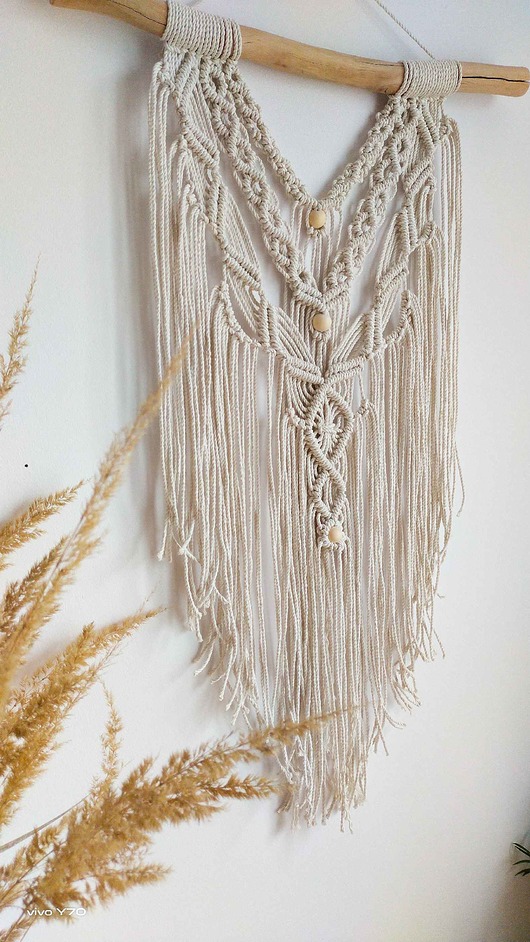 makramy Makrama, boho dekoracja,  wisząca na naturalnej bukowej gałęzi
