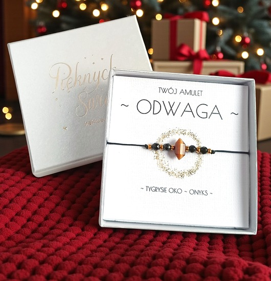 bransoletki z kamieni naturalnych Amulet - ODWAGA - świąteczne pudełko - TYGRYSIE OKO, ONYKS