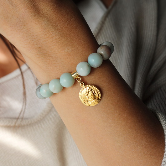 bransoletki złote Bransoletka amazonit moneta- srebro 925 pozłacane