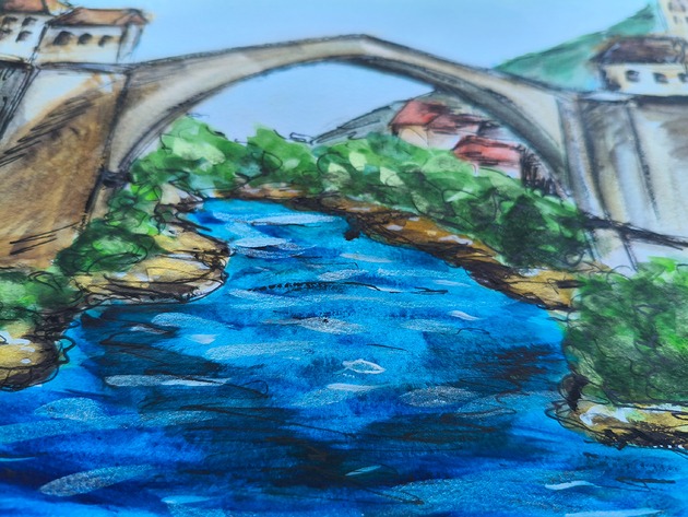 grafiki i ilustracje Mostar miasto most Bośnia pejzaż rzeka obraz akwarela 21x30
