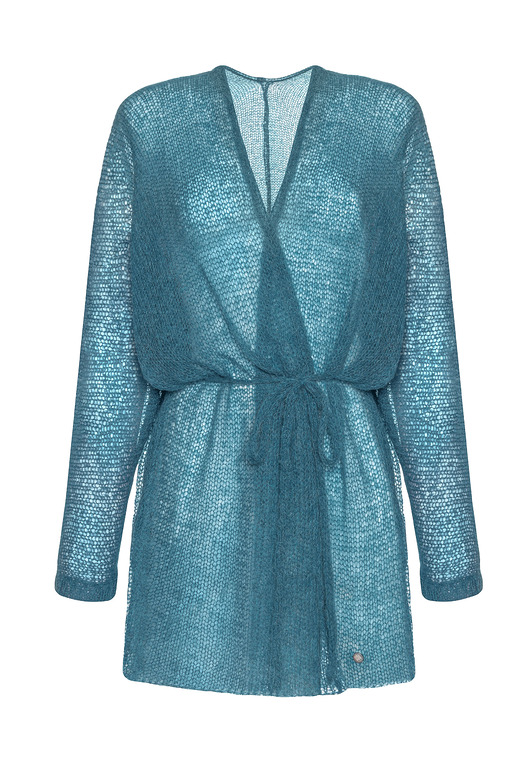 kardigany damskie Alpaka kimono z paskiem - Morski
