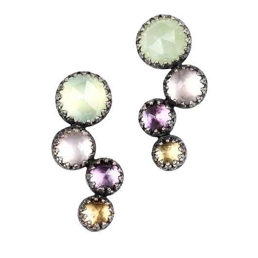kolczyki srebrne Srebrne kolczyki z prehnitem, kwarcem różowym, ametystem i cytrynem
