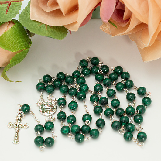komunia - pozostałe Ręcznie robiony, zielony różaniec, srebro 925, naturalny malachit (6mm)