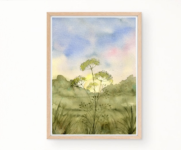 obrazy Oryginalna akwarela.  Zachód słońca  A4