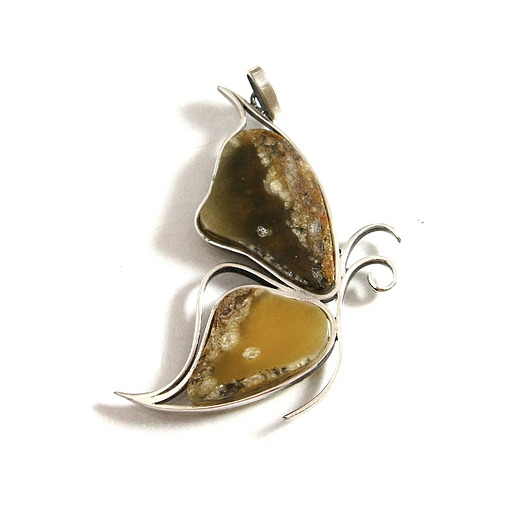 wisiory Srebrny wisior z bursztynem - motyl, srebro 925