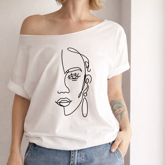 t-shirt damskie Lineart twarz Biały Oversize