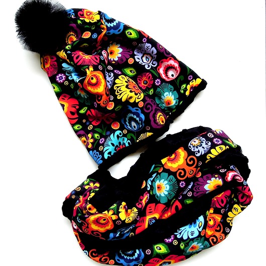 Dwustronny komplet _ czapka BEANIE i komin_FOLK MOJAMAJA