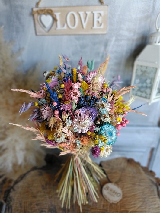 Ślub - inne Kolorowy bukiet ślubny z suszonych kwiatów, traw i zbóż