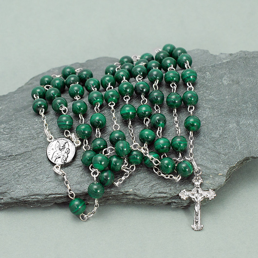 komunia - pozostałe Ręcznie robiony, zielony różaniec, srebro 925, naturalny malachit (6mm)