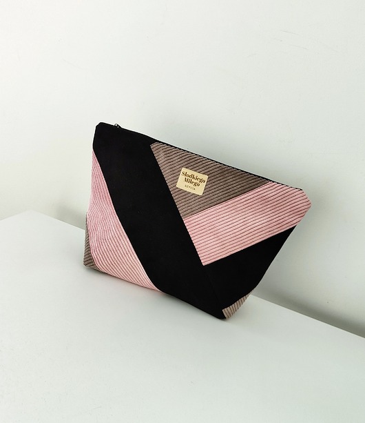 kosmetyczki Duża Patchworkowa Kosmetyczka BlackRoseTaupe - nubuk i sztruks