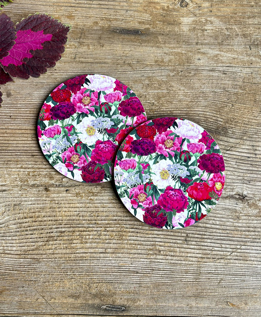 podkładki do kuchni Podkładki pod kubek- Piwonie- Kwiaty - Ilustracja - Cup coasters
