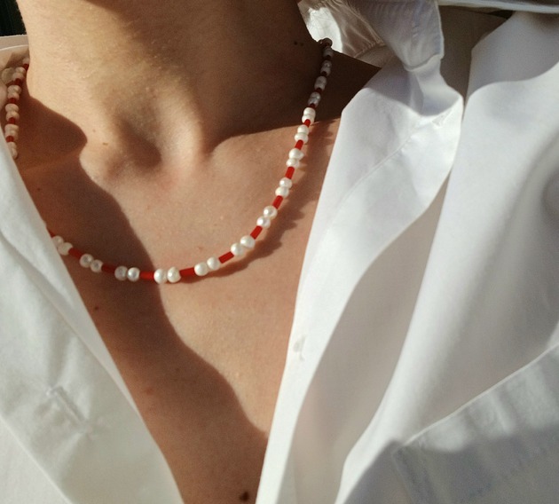 naszyjniki - inne Naszyjnik z pereł naturalnych i koralem