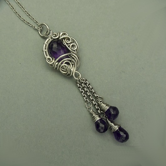 wisiory Długi wisiorek ametyst wire wrapping