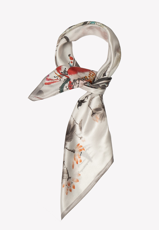 apaszki Jedwabna apaszka damska szara z kwiatowym motywem 66x66 cm