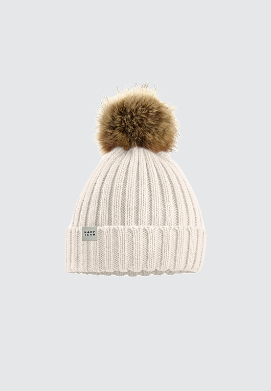czapki damskie Czapka beanie z futrzastym pomponem beżowa