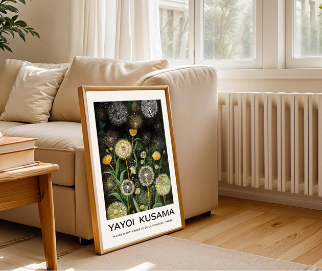 grafiki i ilustracje PLAKAT dekoracyjny zielona łąka dmuchawce Kusama