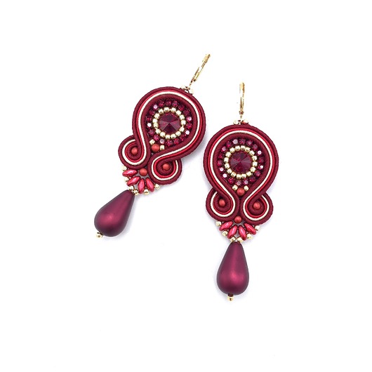 kolczyki soutache Kolczyki sutasz bordowe czerwone eleganckie z dużą łezką Cleo