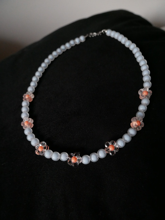 chokery Niebieski naszyjnik choker z koralików pomarańczowe kwiatki