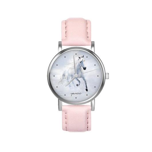 zegarki damskie Zegarek mały - Biały koń biegnący - skórzany, pudrowy róż