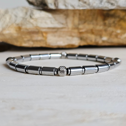 biżuteria męska Męska minimalistyczna bransoletka / Srebrny Hematyt / Stal Nierdzewna
