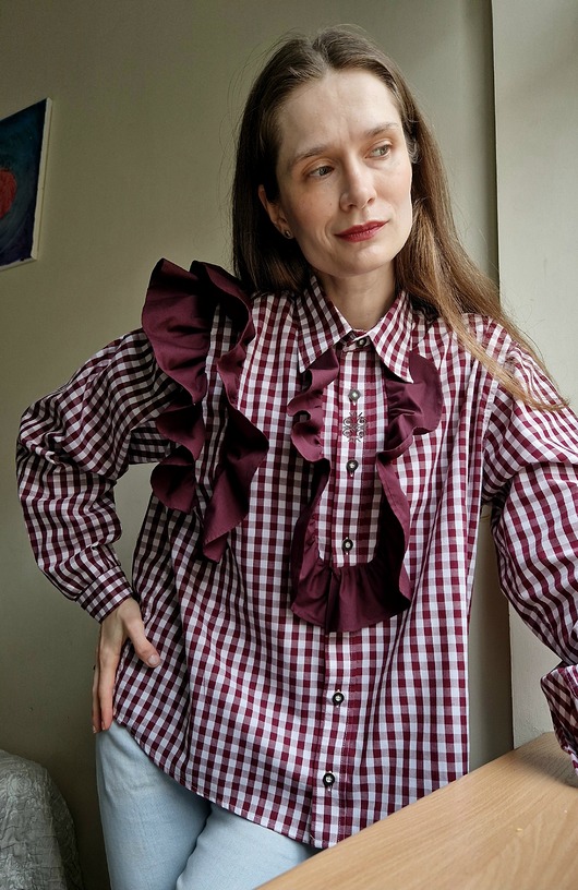 koszule damskie  Koszula upcyklingowa w kratę z fałbanami