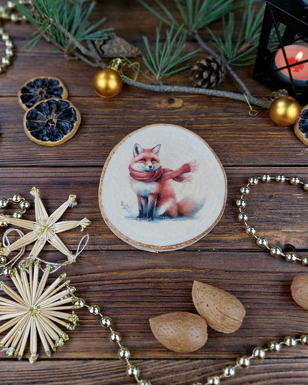 ozdoby choinkowe Brzozowa podkładka pod kubek, świąteczna zawieszka - lisek