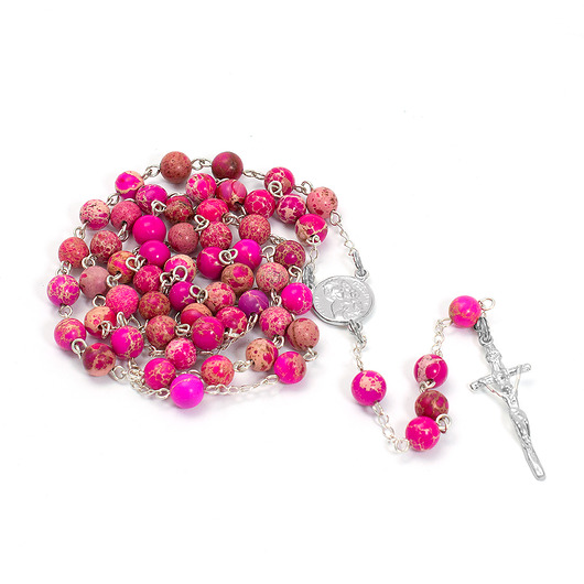 komunia - pozostałe Ręcznie robiony różaniec, I Komunia Św. SREBRO 925, różowy JASPIS 6mm