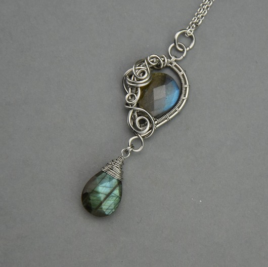 wisiory Długi wisiorek kolorowe labradoryty wire wrapping