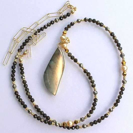 złote naszyjniki UNIKAT! Cudo! Złoty Labradoryt, złoty obsydian, piryt - Talizman Prawdy