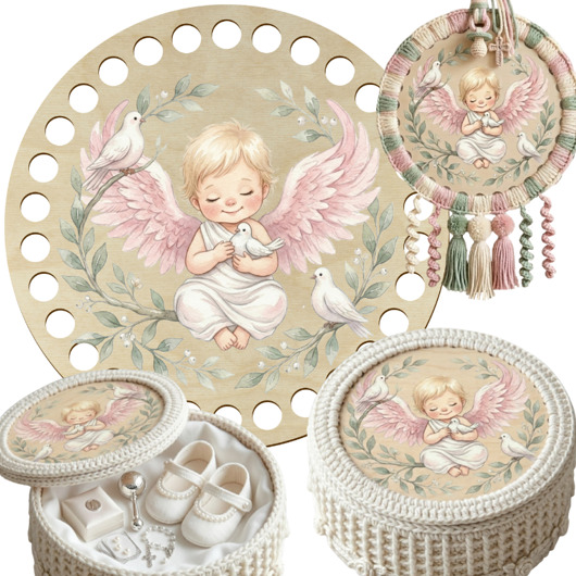 makramy Baza Kolorowa na Chrzest Święty do Szydełkowania Koszyka Pudełka ze Sklejki