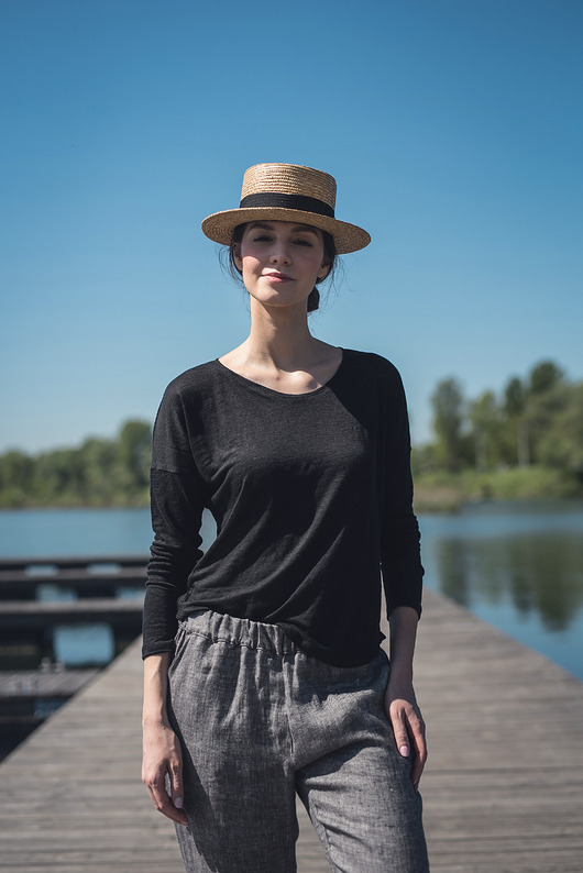 bluzki z długim rękawem damskie Lniana bluzka dzianinowa czarna