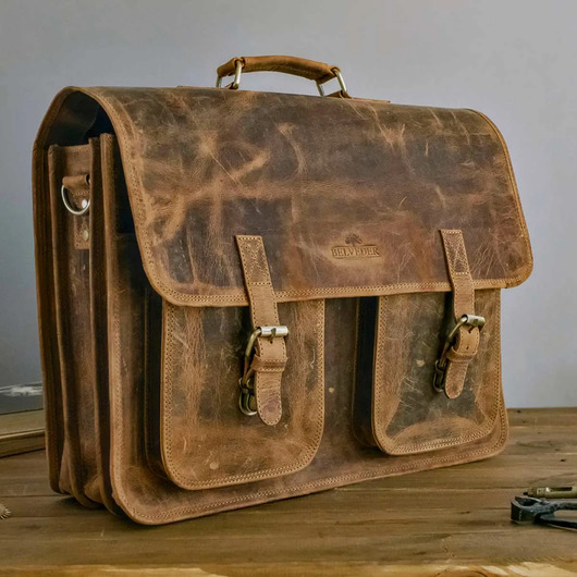 torby i nerki męskie Brązowa Torba do Pracy Męska duża z kieszeniami Skóra Buffalo Vintage MB44