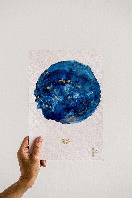 obrazy Akwarela Oryginał Gwiazdozbiór Wodnika Znak Zodiaku WODNIK