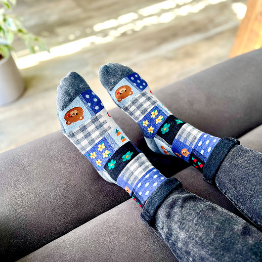 skarpetki damskie Kolorowe Skarpetki w kwiaty z króliczkiem - patchwork