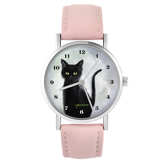 zegarki damskie Zegarek - Czarny kot - pudrowy róż, skóra