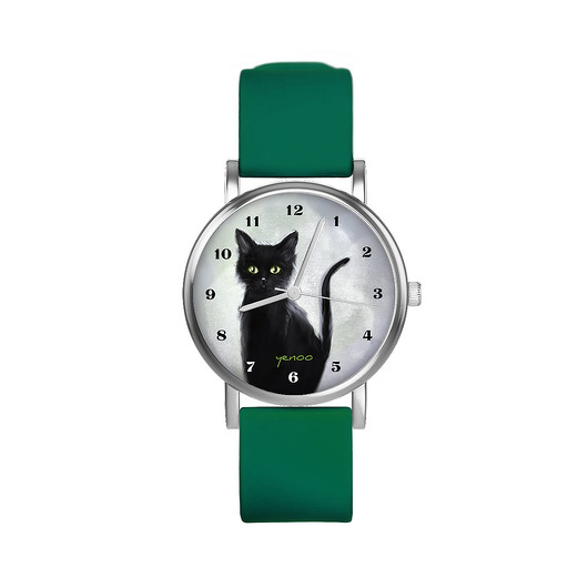 zegarki unisex Zegarek  mały - Czarny kot - silikonowy, zielony