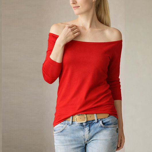 bluzki z długim rękawem damskie Czerwona dopasowana długi rękaw szeroki dekolt