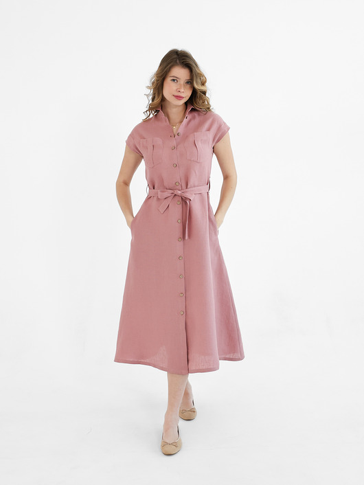 sukienki midi damskie Lniana Sukienka MARIGOLD dusty pink