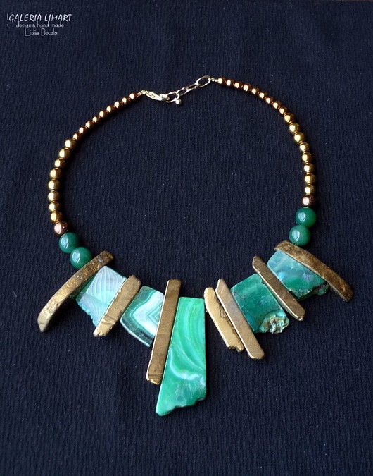 złote naszyjniki ELEGANCKO Agat i hemetyt Naszyjnik unikatowy ręcznie robiony PREZENT LUX