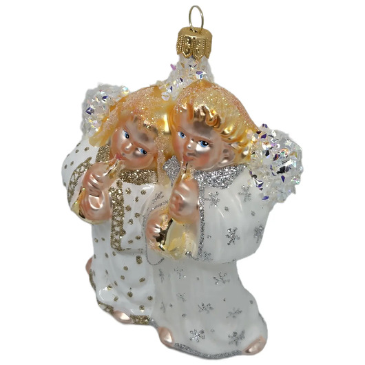 bombki Ręcznie malowana bombka szklana białe aniołki z fletami zdobione brokatem