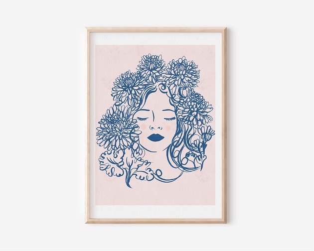 plakaty Plakat botaniczny - DZIEWCZYNA Z CHRYZANTEMAMI