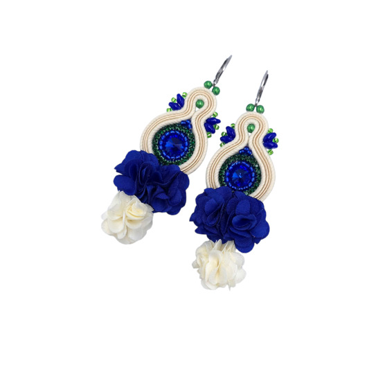 kolczyki soutache Kolczyki sutasz boho z kwiatami kremowo chabrowe eleganckie Arcadia