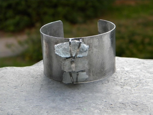 bransoletki wire wrapping Surowe akwamaryny    - BRANSOLETA MANKIET - CUFF