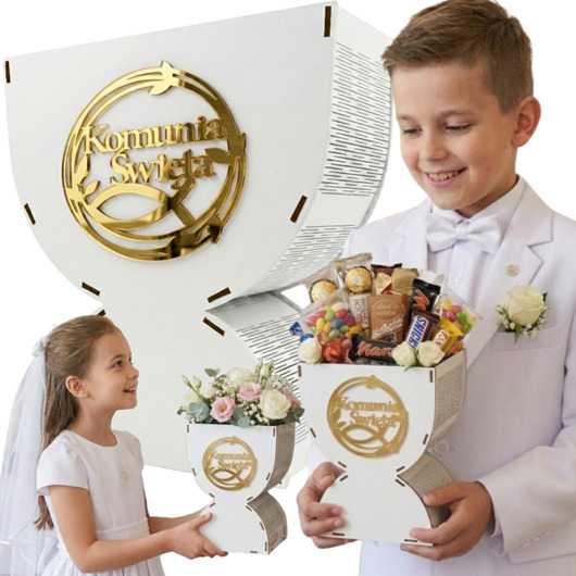 komunia - pozostałe Kielich BOX Pudełko na Słodycze Kwiaty BIAŁA Złota Plexi Prezent na Komunię