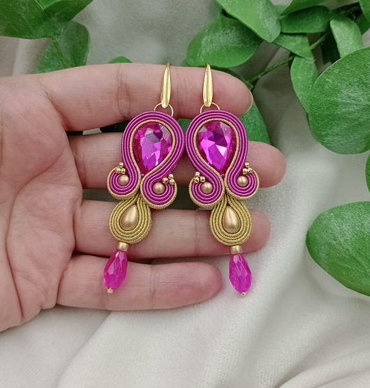 kolczyki soutache Długie różowe kolczyki soutache na wesele, kolczyki fuksja złote