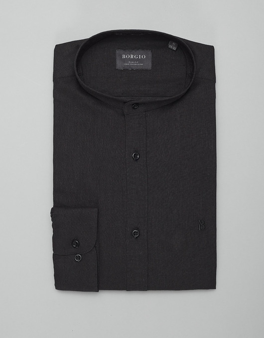 koszule męskie Koszula męska lniana ze stójką lentini 00394 czarny slim fit