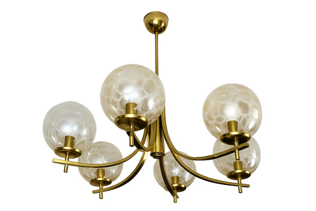 lampy wiszące Żyrandol vintage lata 70. Mosiądz, aluminium i szkło 6x E14