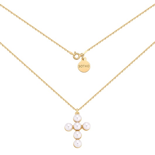 złote naszyjniki Złoty naszyjnik z krzyżem zdobionym perłami